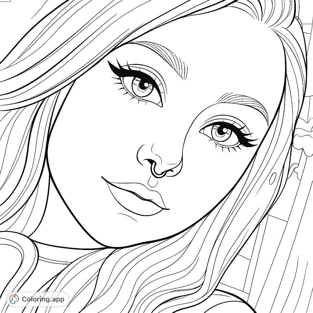 An elegant portrait of a young woman with flowing hair and a gentle gaze, perfect for a captivating coloring experience.