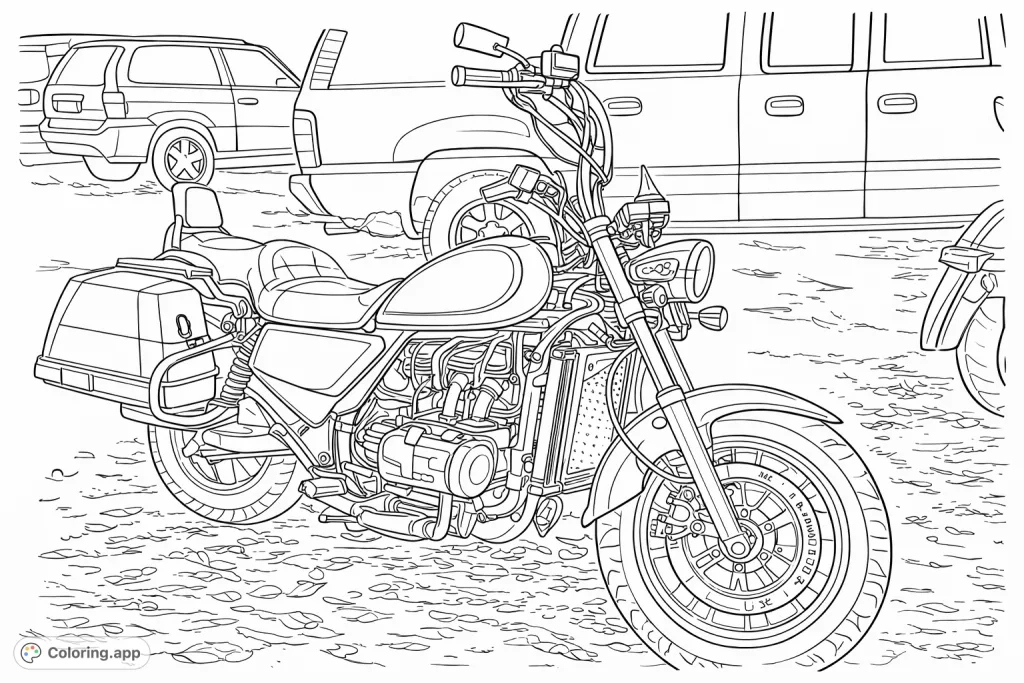 A detailed touring motorcycle featuring a prominent tank, broad seat, saddlebags, and visible engine, parked on textured ground with other vehicles in the background.