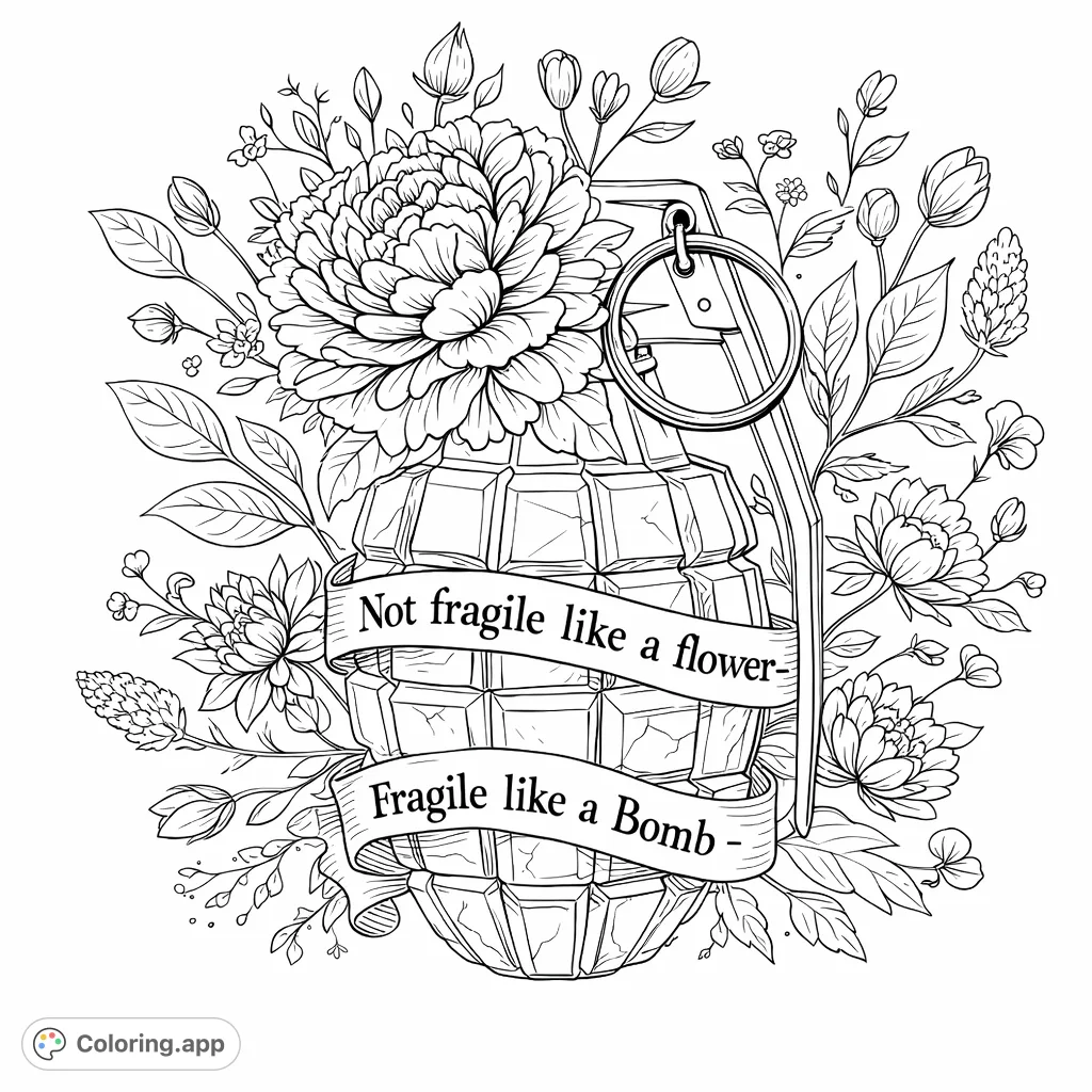 A striking grenade adorned with a large bloom and surrounding foliage, featuring a thought-provoking banner. A powerful symbolic art coloring page.