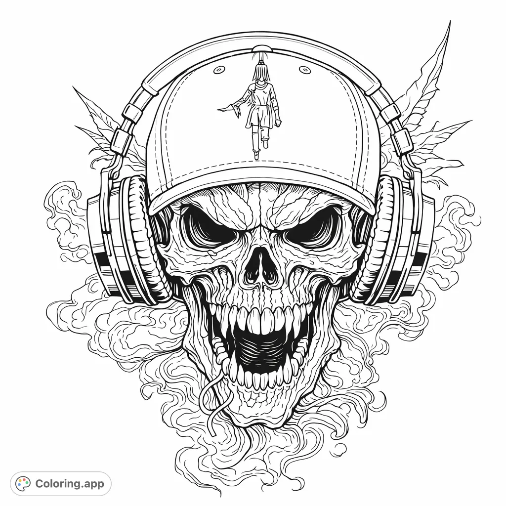 An edgy, detailed skull wearing a cap and headphones, surrounded by swirling mist. Perfect for fans of dark and musical themes.