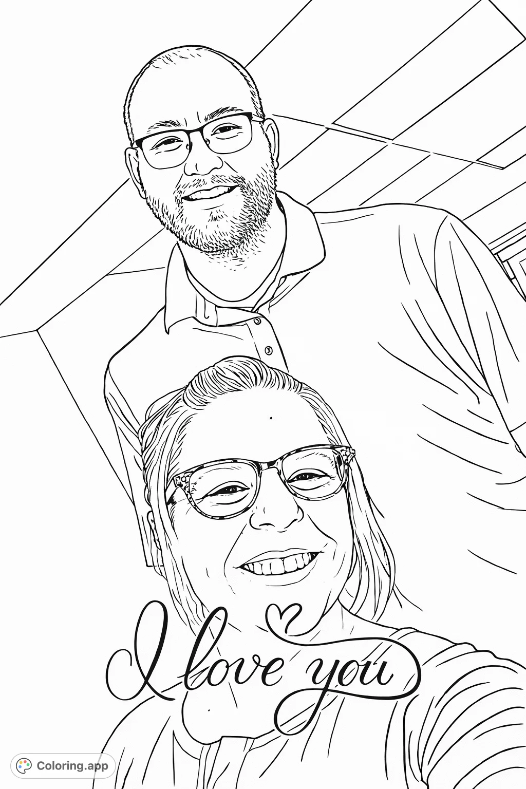 A delightful coloring page featuring a smiling couple, a woman in the foreground with patterned glasses, and a man behind her. Includes a sweet 'I love you' message.
