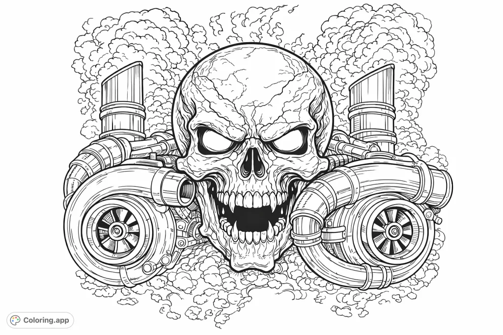 A fierce skull with mechanical turbochargers and a fiery, smoke-filled background. Unleash your creativity on this intense design!
