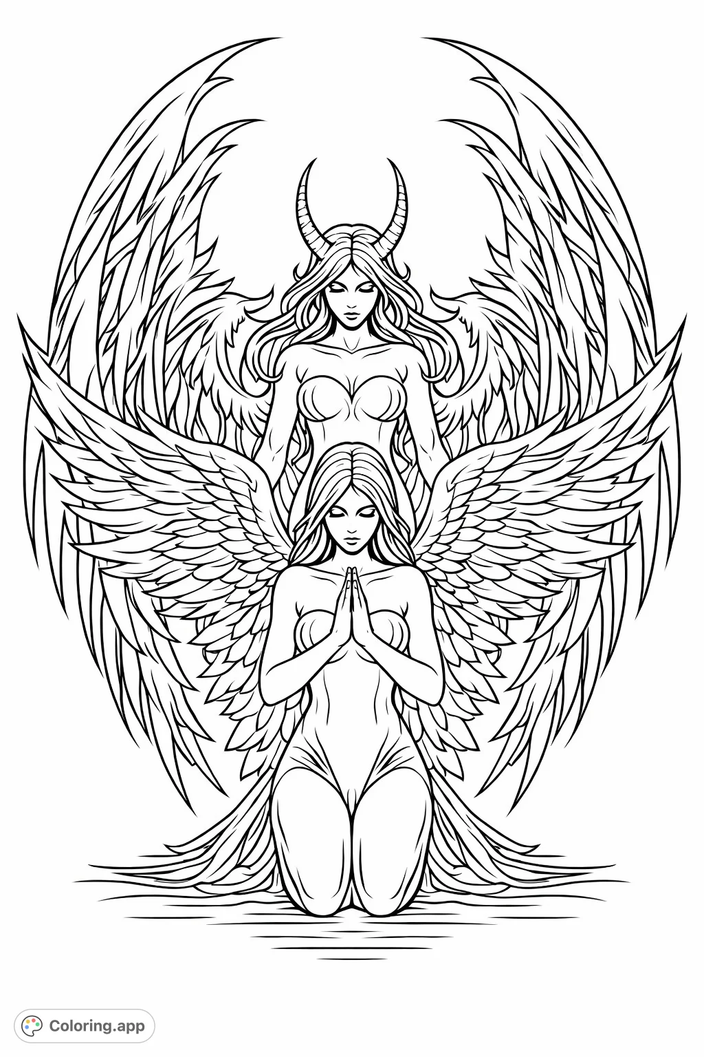 A powerful dark fantasy coloring page featuring two winged female figures, one praying, one horned. Explore duality through intricate details and expressive forms.