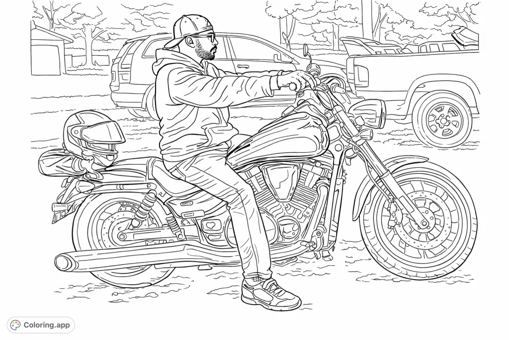 Detailed coloring page featuring a person on a powerful cruiser motorcycle, with intricate engine and chrome details, and a helmet on the back, set outdoors.