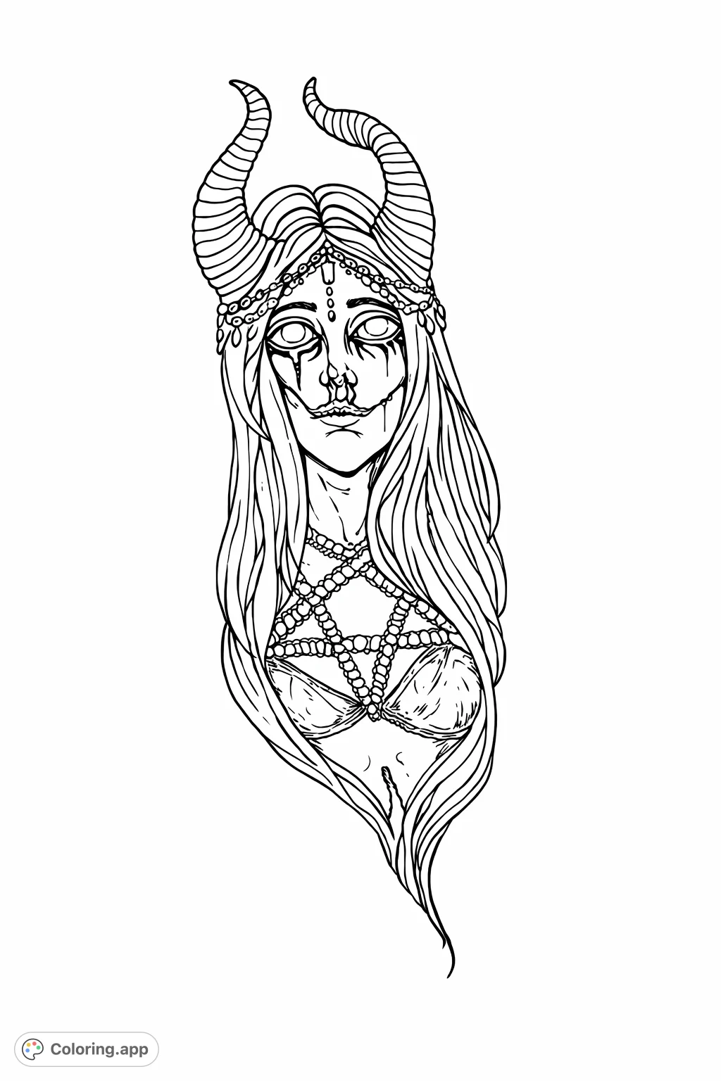 Unleash your creativity with this intricate mystical horned sorceress coloring page. Features a powerful figure with elaborate horns and a pentagram design.