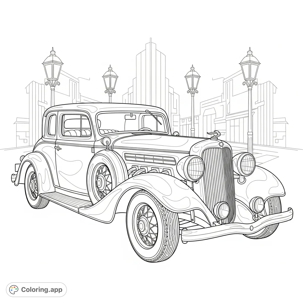 An intricately detailed 1930s vintage car in Art Deco style, featuring elegant curves, ornate chrome, and complex mechanical elements. A sophisticated coloring challenge for enthusiasts.