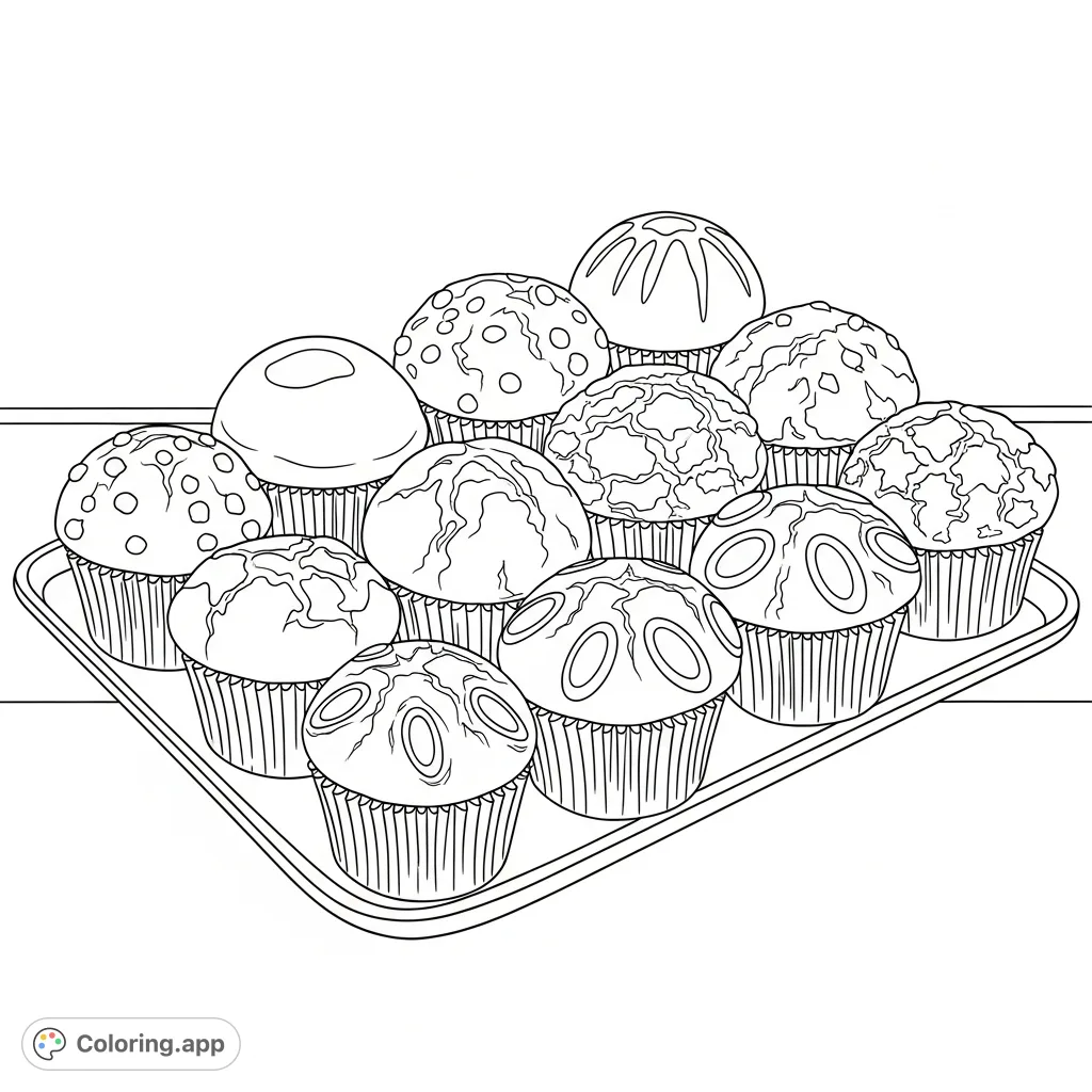 A delightful baker's dozen muffin coloring page featuring various textures and toppings, perfect for all ages. A free printable treat for creative fun!