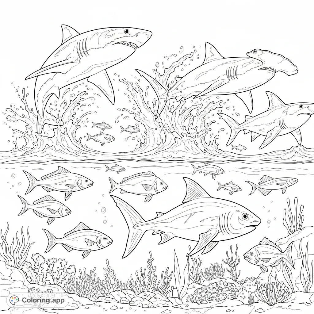 Experience a thrilling underwater world! Sharks breach the surface while fish swim below, creating a dynamic and engaging marine scene for coloring.