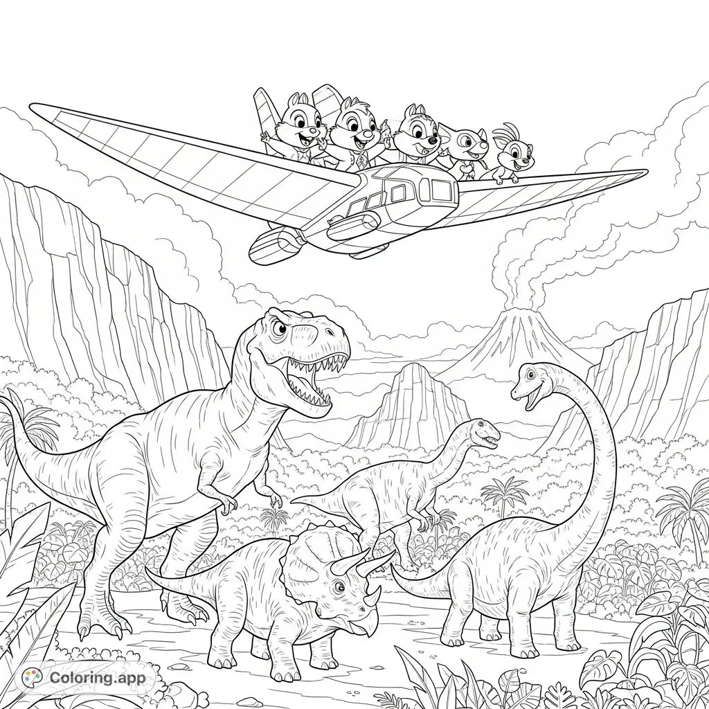 Join the Rescue Rangers in their flying contraption above a prehistoric world filled with majestic dinosaurs and dramatic landscapes. A thrilling adventure awaits!