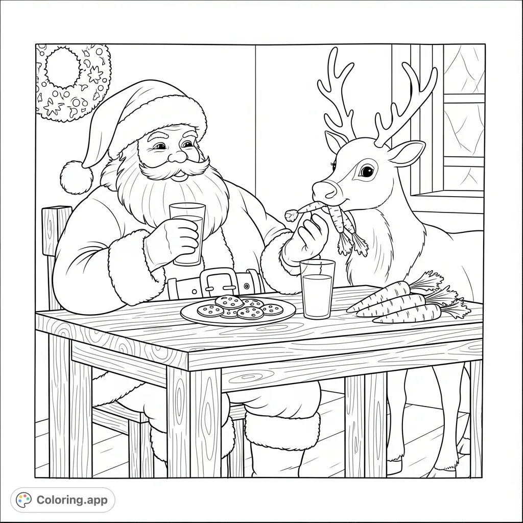 A delightful Christmas coloring page featuring Santa Claus enjoying cookies and milk at a table, while his trusty reindeer munches carrots beside him. A heartwarming holiday scene.