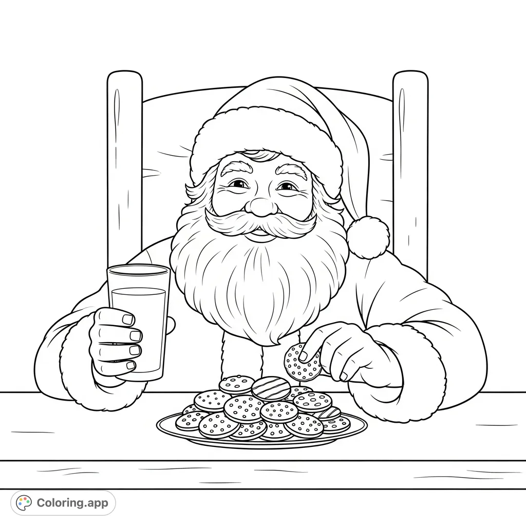 A delightful Santa coloring page featuring jolly Santa Claus enjoying cookies and milk at a cozy table, perfect for festive fun and holiday cheer.
