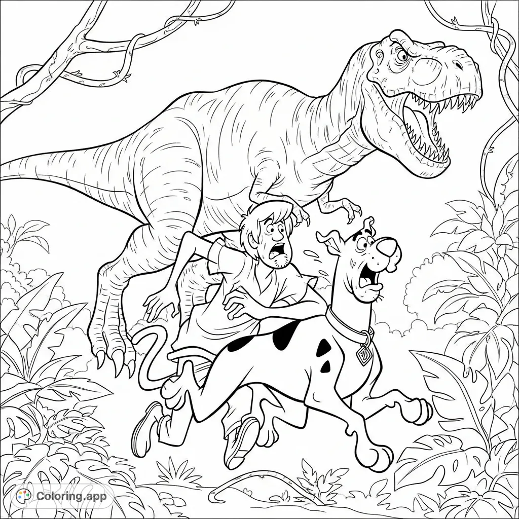 Join Scooby Doo and Shaggy in a thrilling escape from a colossal T-rex in a dense jungle! A fun, free printable coloring page for cartoon fans.