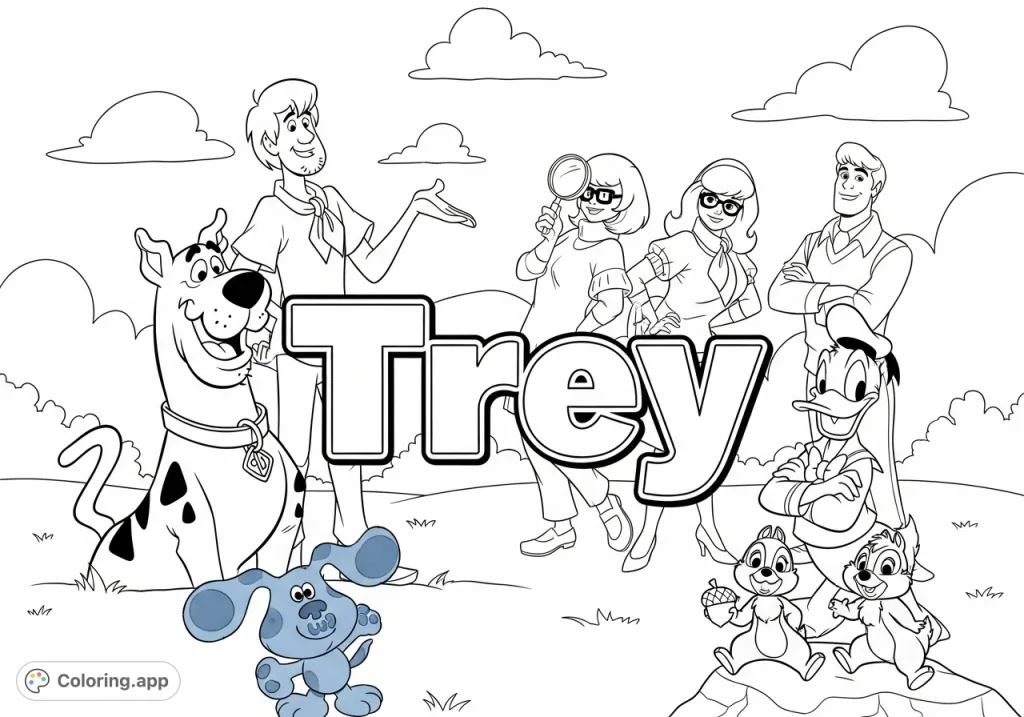 A fun character ensemble coloring page featuring the name Trey surrounded by Scooby Gang, Donald Duck, Chip 'n' Dale, and Blue. Perfect for fans of all ages!
