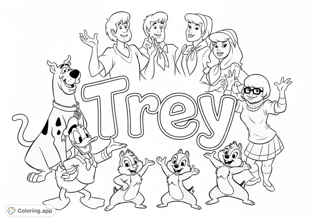 Celebrate the name Trey with a fun coloring page featuring Scooby Doo, Shaggy, Fred, Daphne, Velma, Donald Duck, Chip, and Dale in a joyful gathering.