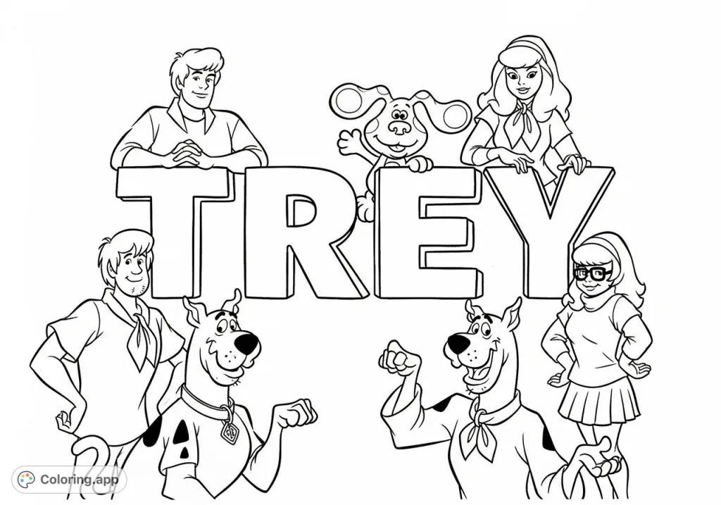 A fun, personalized coloring page featuring the name Trey surrounded by the Scooby Doo gang and Blue from Blue's Clues. Perfect for cartoon fans!