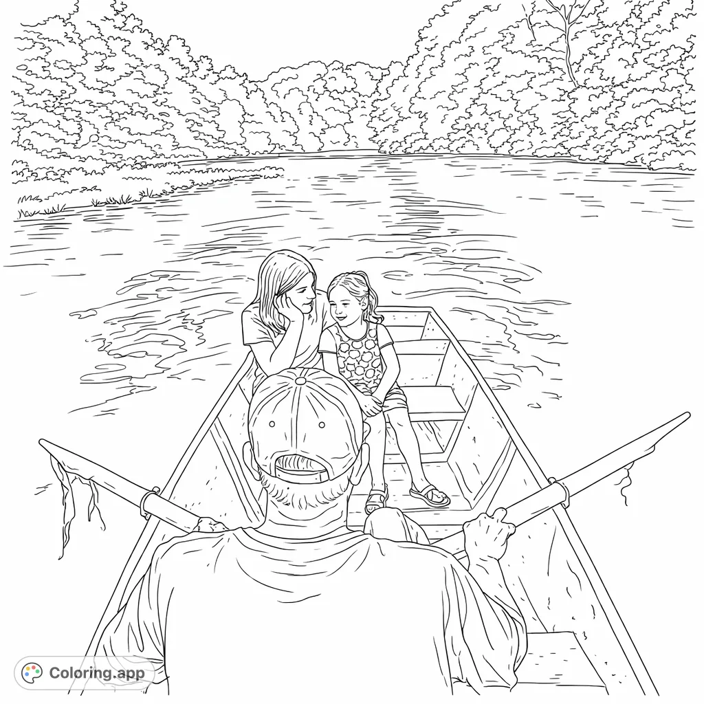 Enjoy a tranquil family boating scene on a serene lake surrounded by lush trees. Perfect for a relaxing coloring experience for all ages.