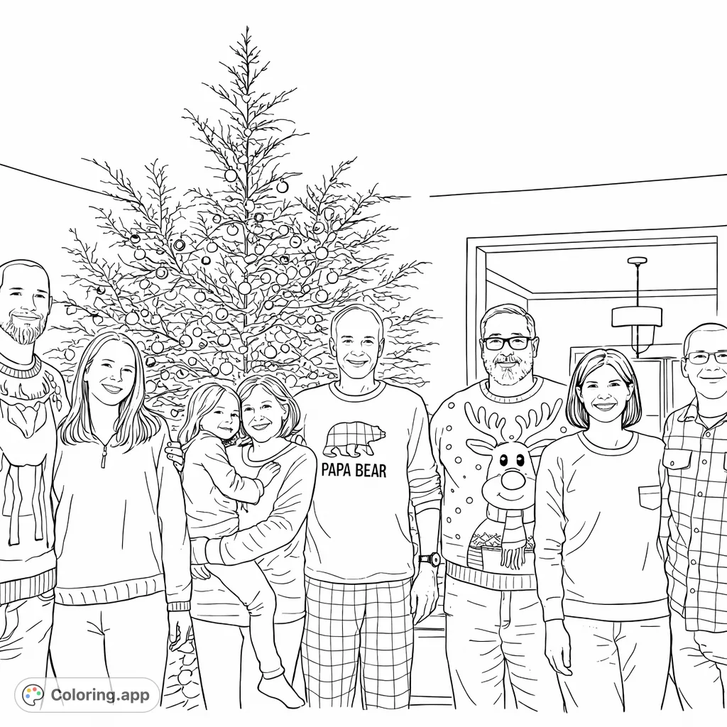 A heartwarming family portrait during the holiday season, featuring multiple generations gathered around a festive tree. Perfect for personalizing with your favorite hues.