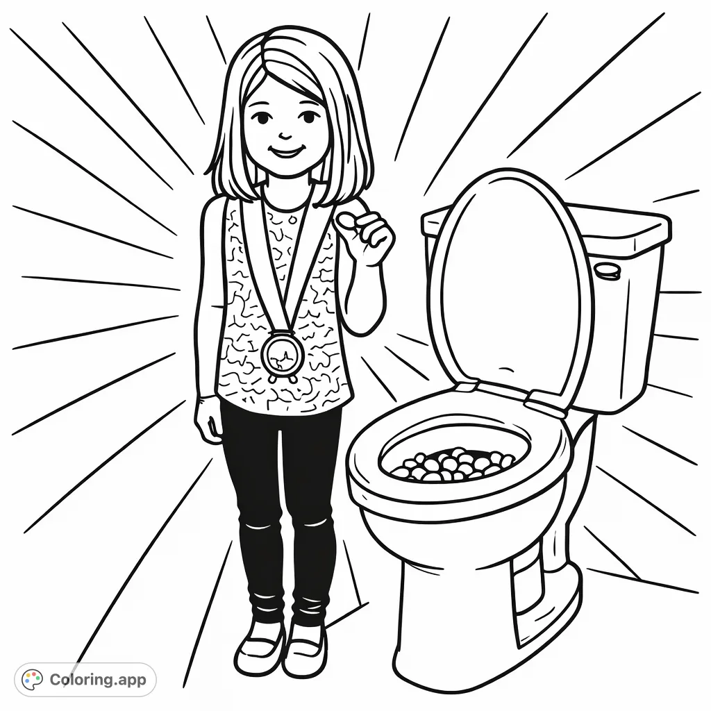 A cartoony coloring page featuring a smiling girl with a medal, standing next to a toilet filled with beans, set against a simple background with radiating lines.