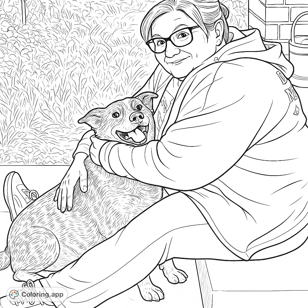 A heartwarming scene featuring a woman embracing her joyful dog on an outdoor step. Perfect for capturing the bond between pets and their owners.