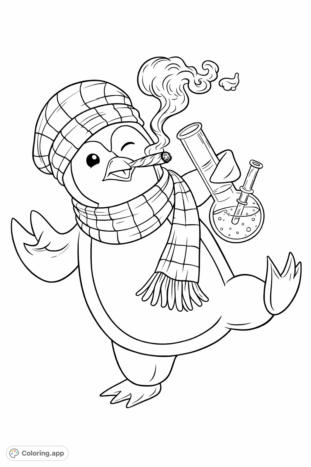 A chill penguin wearing a striped beanie and scarf, holding a water pipe and smoking, radiating a relaxed vibe for creative adult coloring.