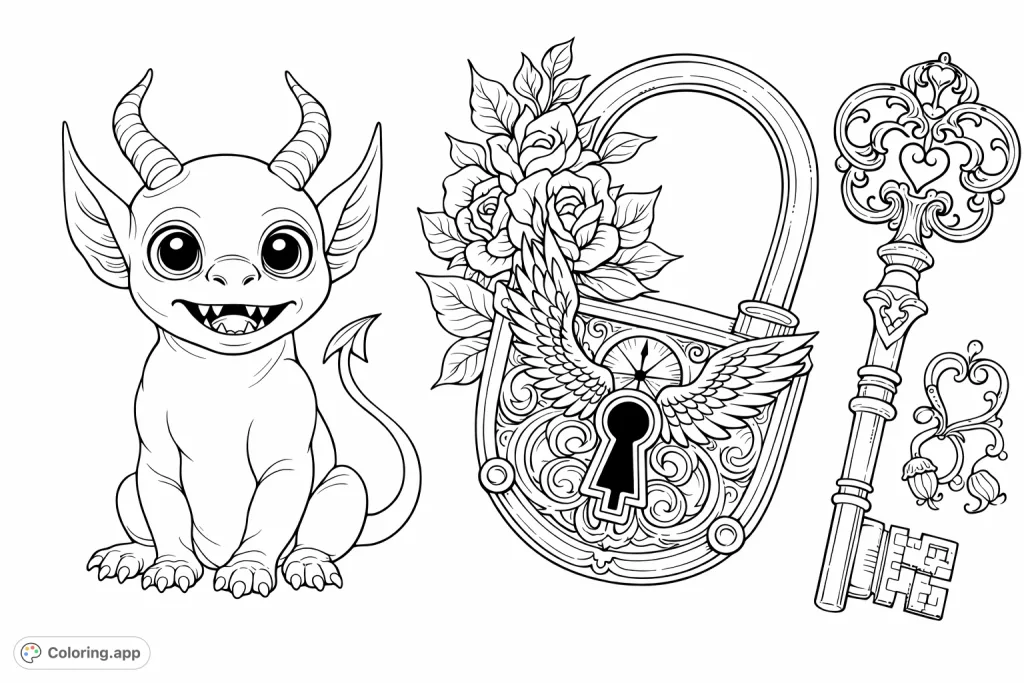 A charming horned creature and intricate padlock with winged details, floral accents, and two ornate keys, perfect for imaginative coloring.