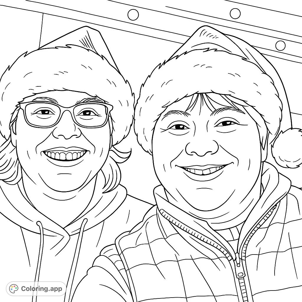 Celebrate the season with this festive coloring page featuring two smiling individuals in Santa hats. Perfect for holiday cheer and detailed portrait coloring.