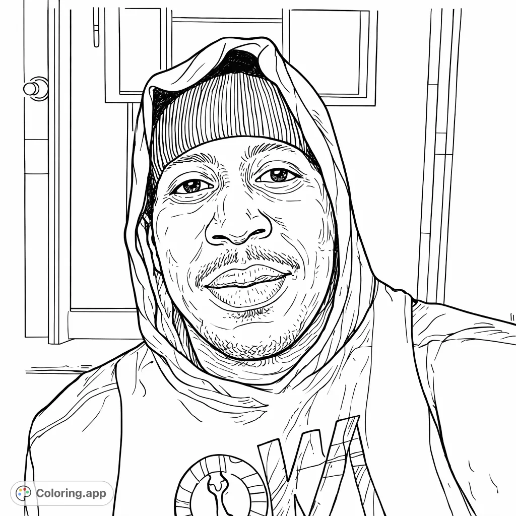 Color a contemporary portrait of a smiling person in a hooded sweatshirt and beanie. Realistic facial features and fabric textures offer creative expression.