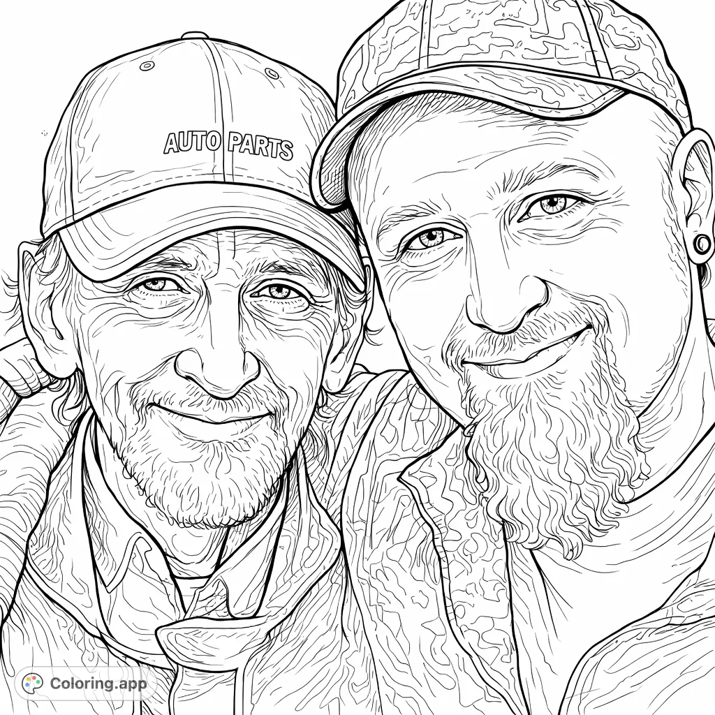 Capture the bond between two men in this detailed portrait coloring page. Features intricate facial details, textured hats, and warm expressions.