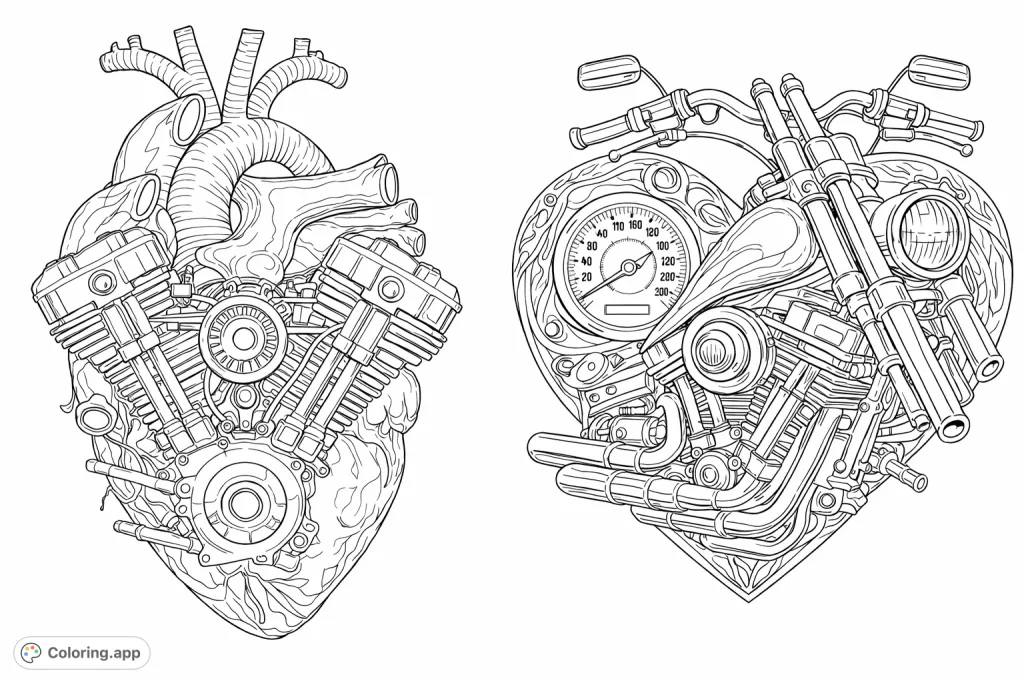 A powerful fusion of human anatomy and mechanical engineering, featuring intricate motorcycle parts integrated with a heart.