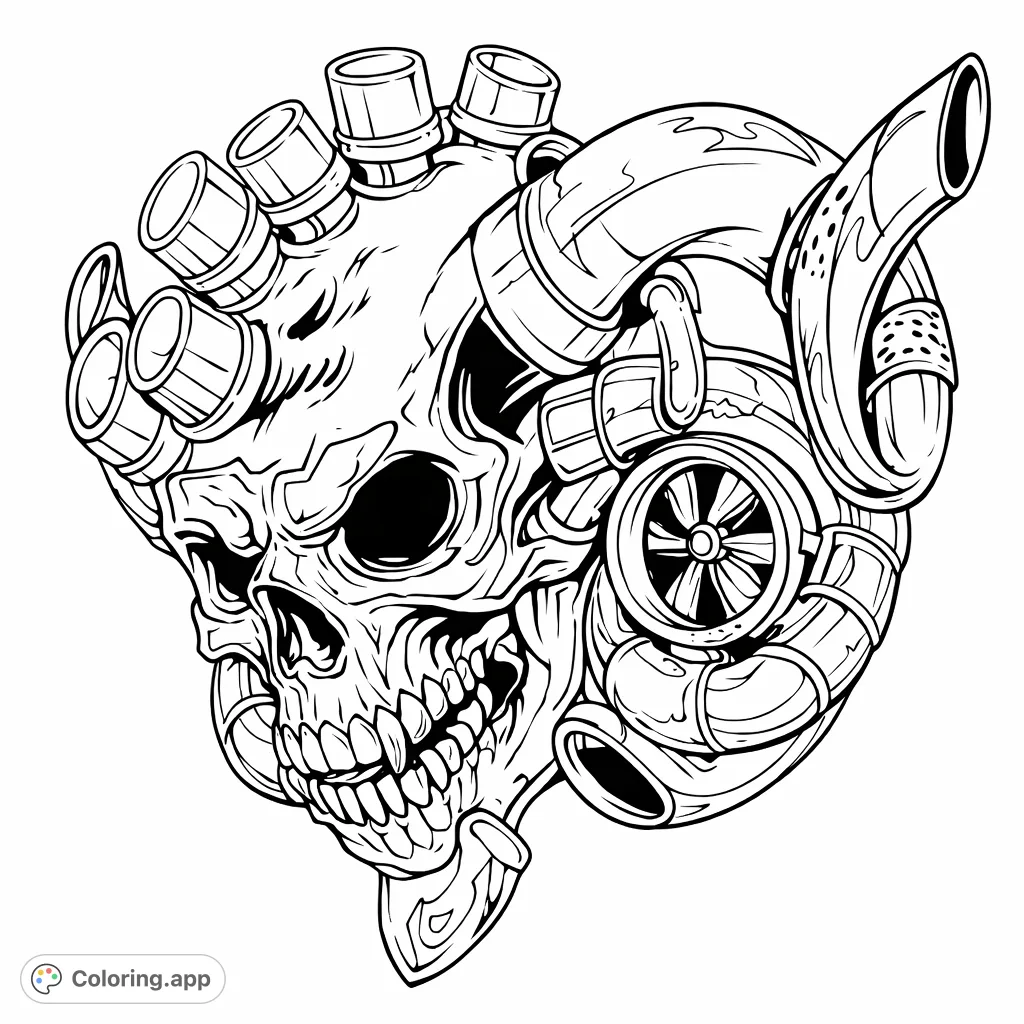 An intricate mechanical skull coloring page featuring exhaust pipes and a detailed turbocharger, perfect for advanced colorists seeking a challenging, unique design.