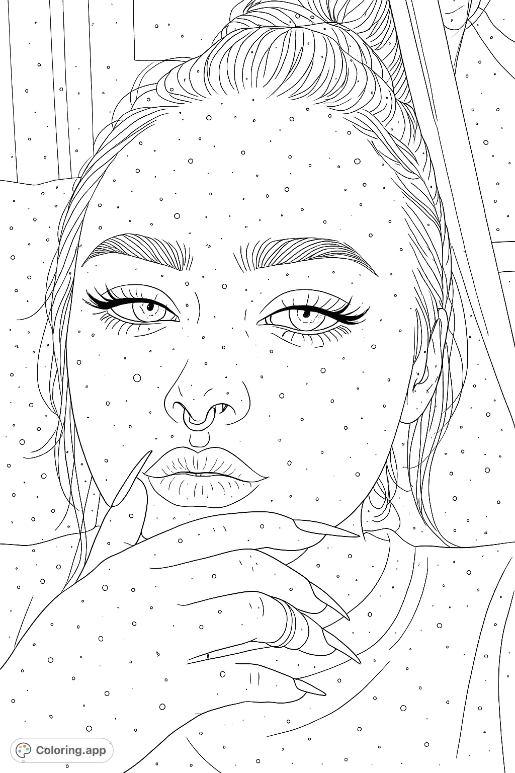 Color this striking portrait featuring intricate facial details, stylish nails, and a unique textured overlay. Perfect for those who love modern and expressive designs.