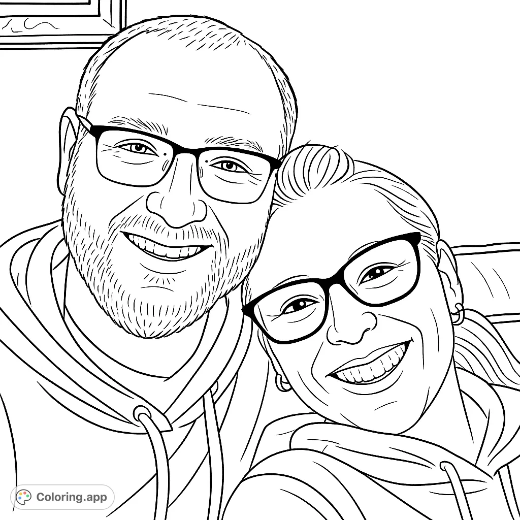Capture warmth and connection with this happy couple portrait coloring page. Features two smiling individuals in glasses, perfect for personalizing.