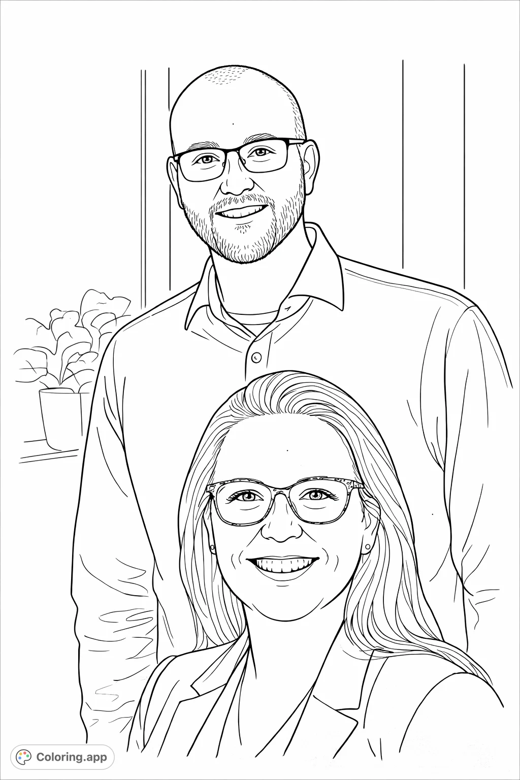 Capture the warmth of a professional duo in this engaging portrait. Featuring a smiling man and woman, perfect for personalizing with your artistic touch. A great free printable coloring page.