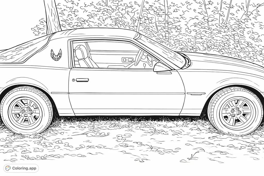 Enjoy coloring this classic sports car, a sleek vintage model parked amidst a natural, leafy setting. Perfect for car enthusiasts to customize with unique shades.