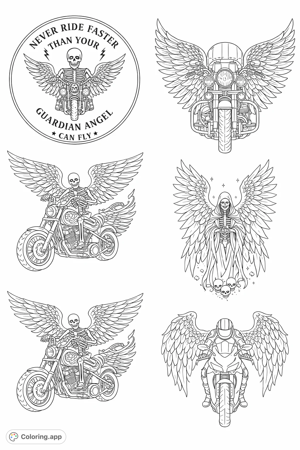 Explore designs of powerful winged motorcycles, mysterious grim reapers, and skeletal riders. Unleash your creativity on these intricate, bold images.