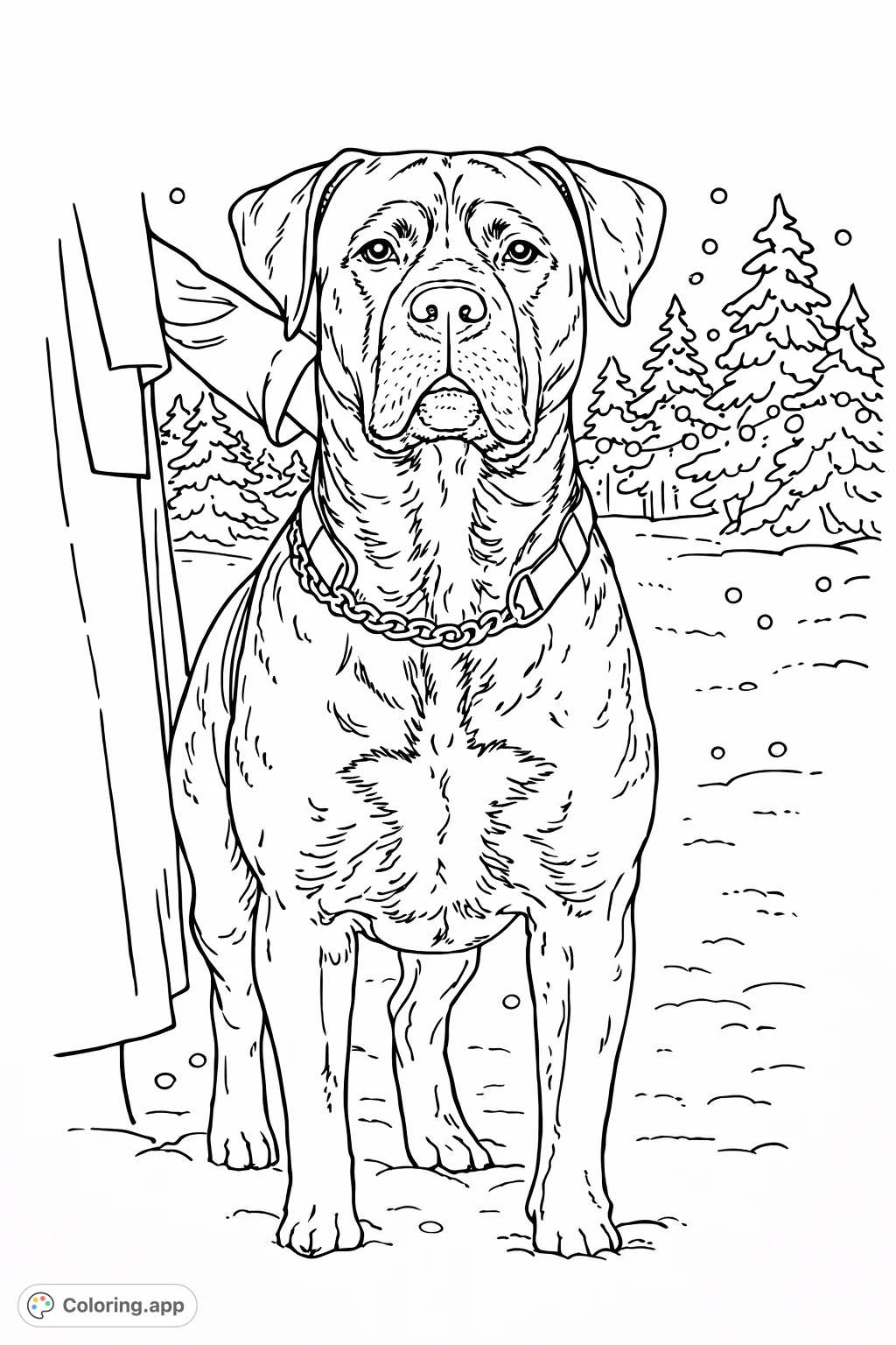 Color a powerful, loyal dog with a star chest marking in a serene snowy landscape, perfect for winter scenes. Features a human touch and festive lights.