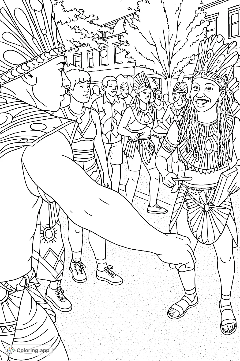 Immerse yourself in the festive spirit of a carnival parade. This coloring page features people in elaborate costumes, headpieces, and patterns, celebrating on a lively street.