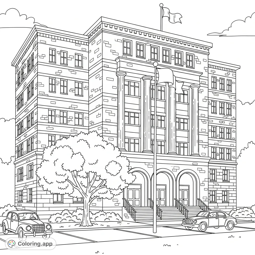 Color a majestic historic building with intricate architectural details, vintage cars, and a prominent tree, offering a challenging and rewarding experience.