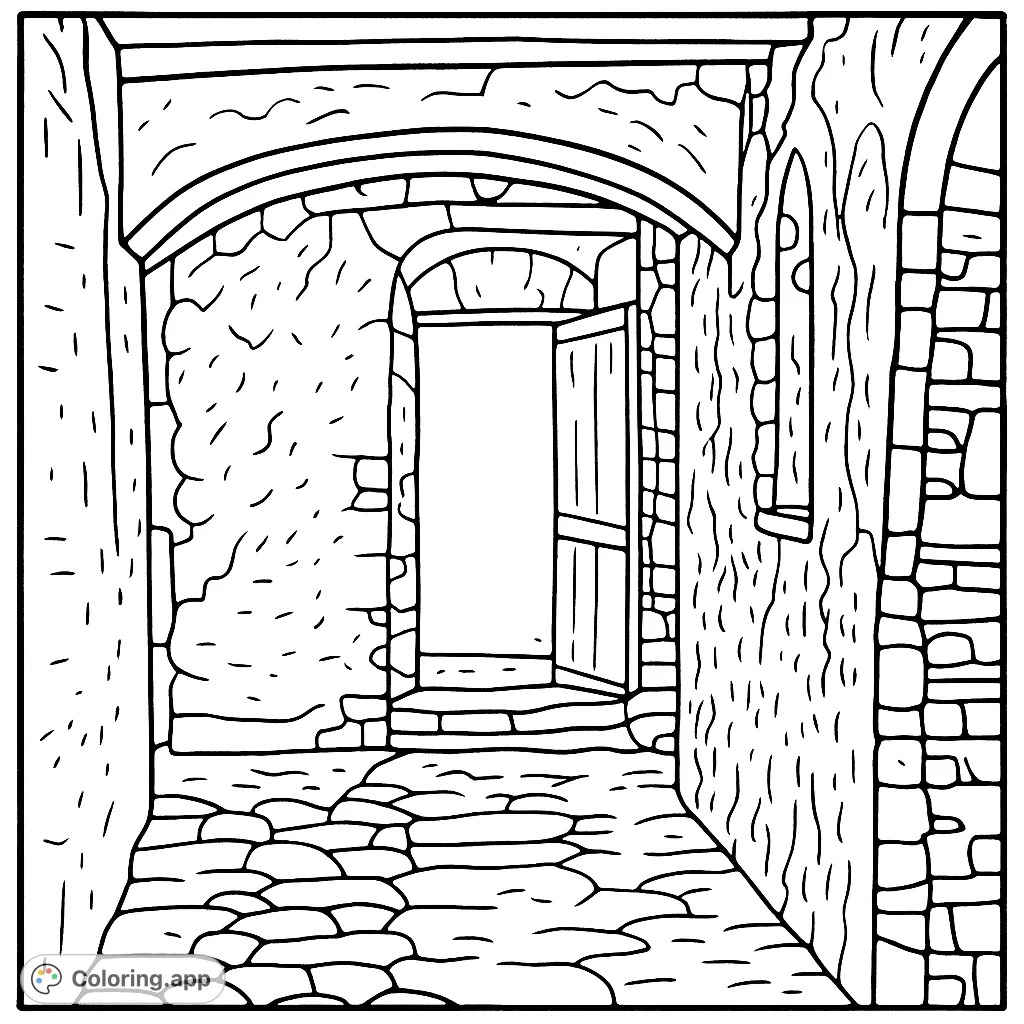 Explore a historic stone passageway leading to a bright, open doorway. A captivating journey from shadow to light, perfect for detailed coloring.