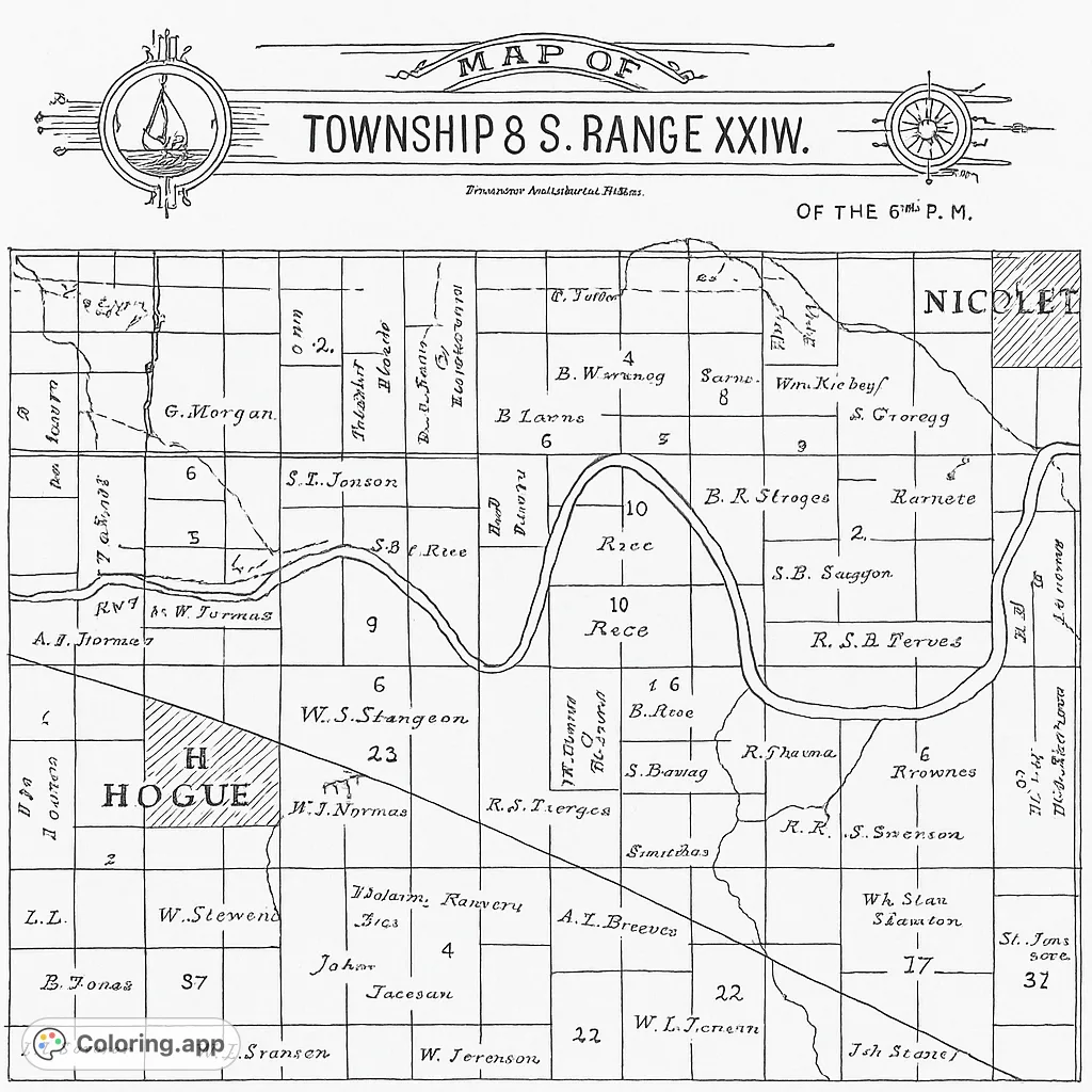 Explore a historic township map featuring intricate land divisions, property names, and a winding river. Perfect for history buffs and detail-oriented colorists.