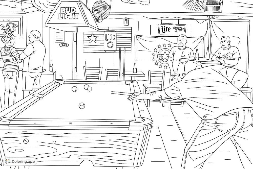 Capture the relaxed atmosphere of a pool hall with this coloring page. A player lines up a shot on a billiard table surrounded by friends and casual bar decor.
