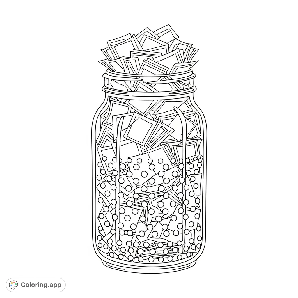 A charming jar filled with countless small paper pieces, highlighted by an eye-catching dotted pattern. Perfect for mindful coloring.