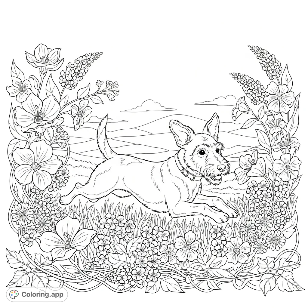 A delightful terrier-mix dog joyfully bounds through a dense field filled with diverse blossoms and leafy stems, set against rolling hills and an expansive sky.