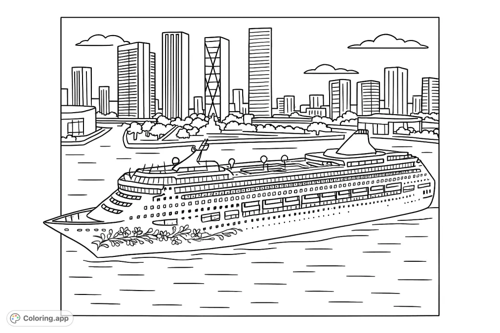 A majestic cruise ship sails past a towering cityscape, offering a detailed scene for coloring. Explore urban architecture and maritime grandeur.