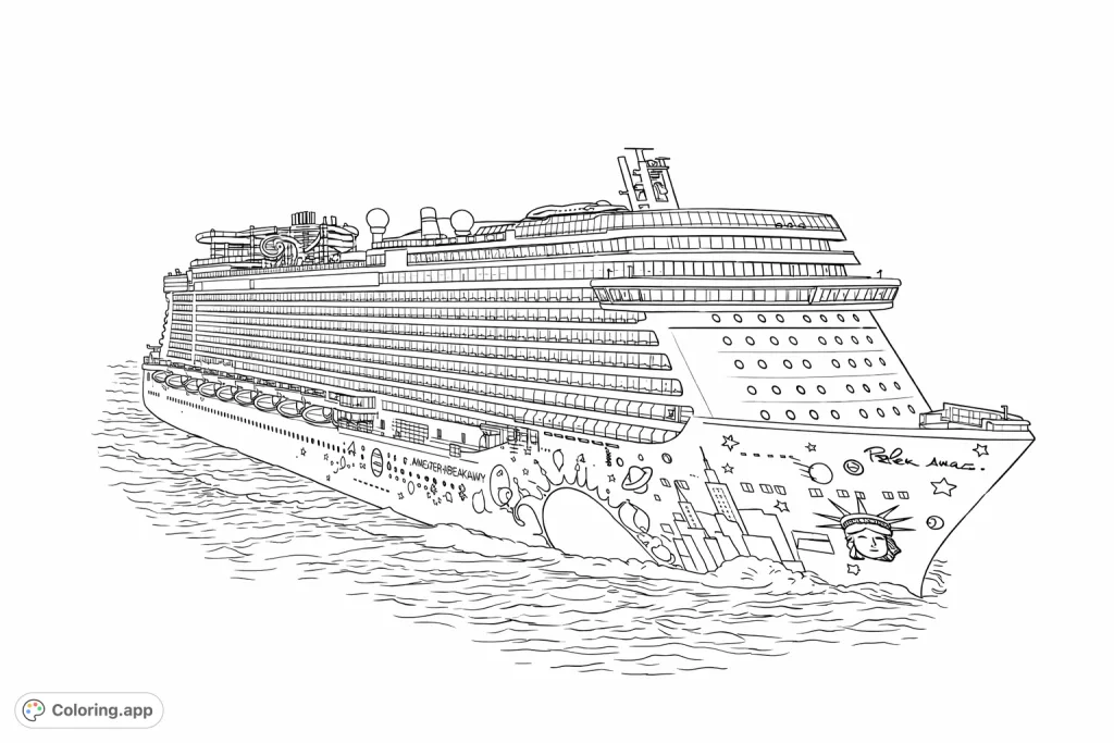 Embark on an epic voyage with this detailed grand cruise ship coloring page, featuring intricate hull art and ocean waves. Perfect for travel enthusiasts.