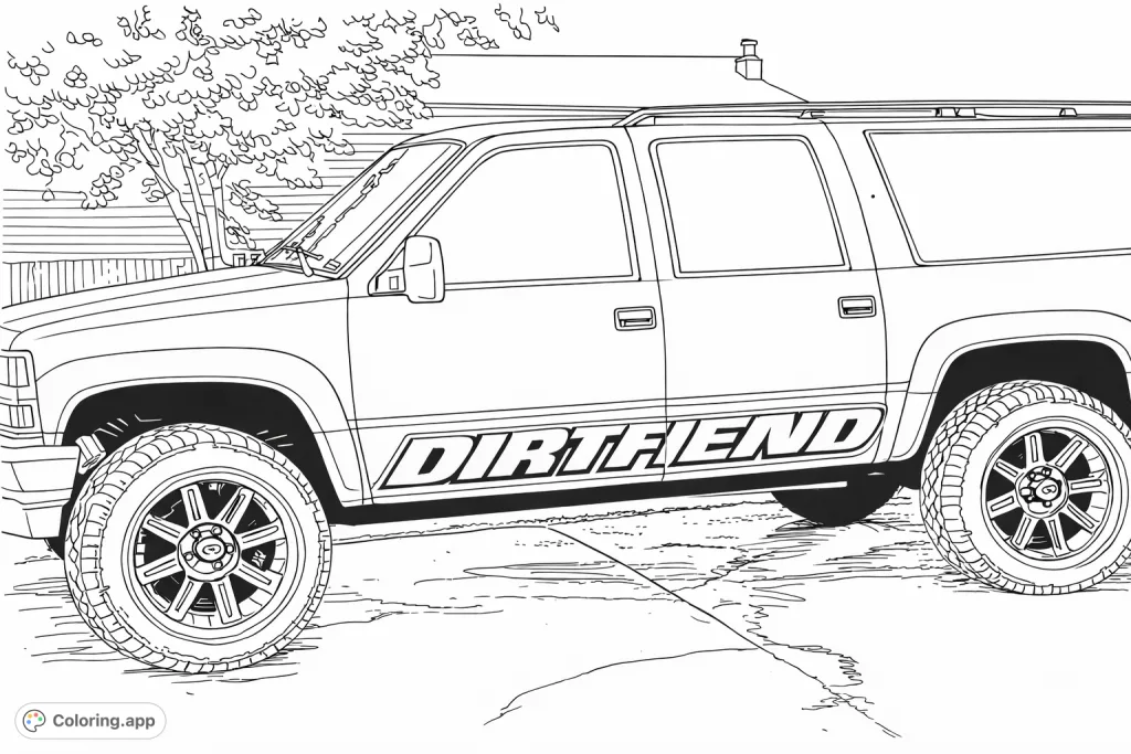 A powerful off-road SUV featuring bold "DIRTFIEND" lettering, massive tires, intricate rims, and a robust stance, set against a suburban backdrop.