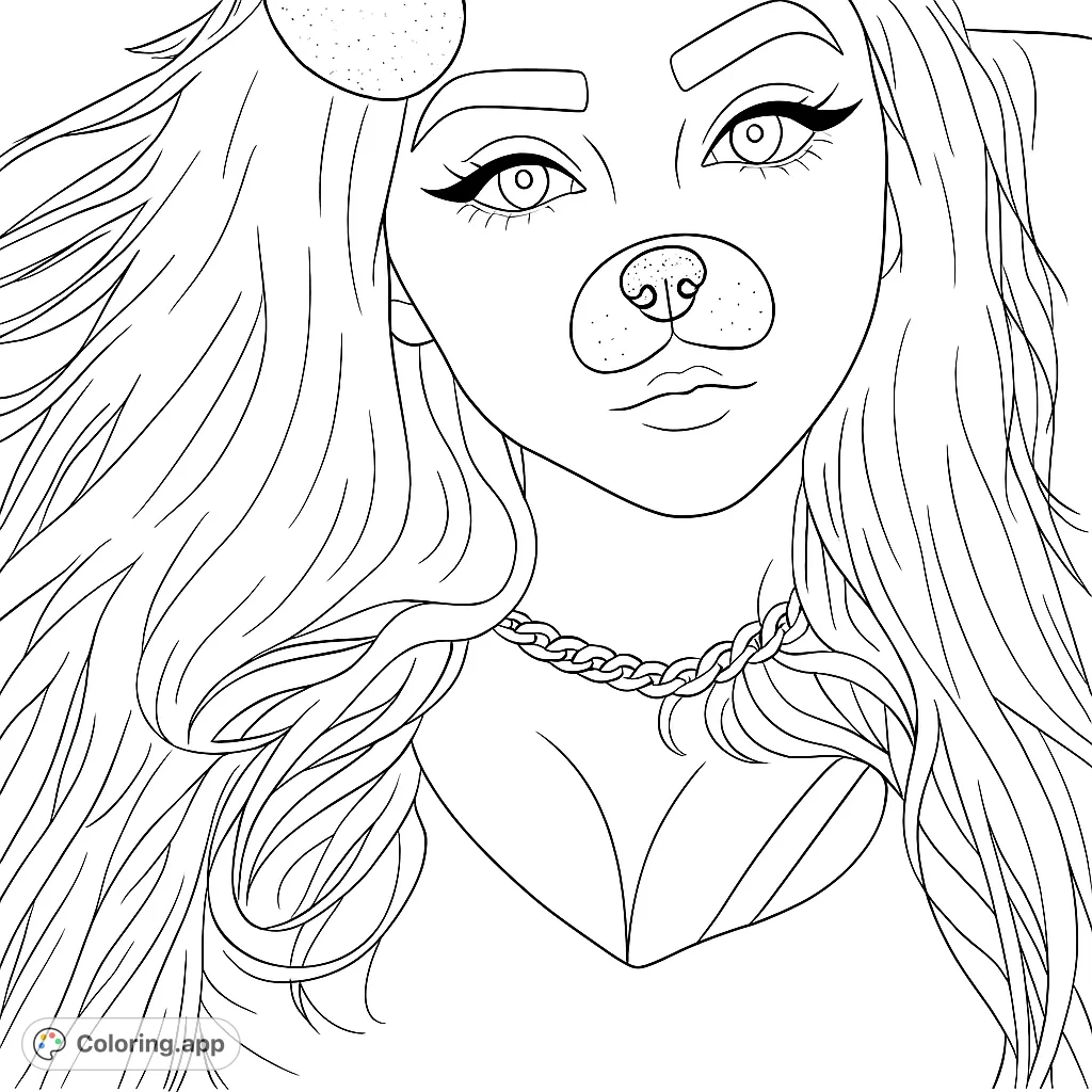 Color a unique portrait featuring a young person with stylized animal nose and ear elements, long wavy hair, a chain necklace, and dramatic eye makeup.