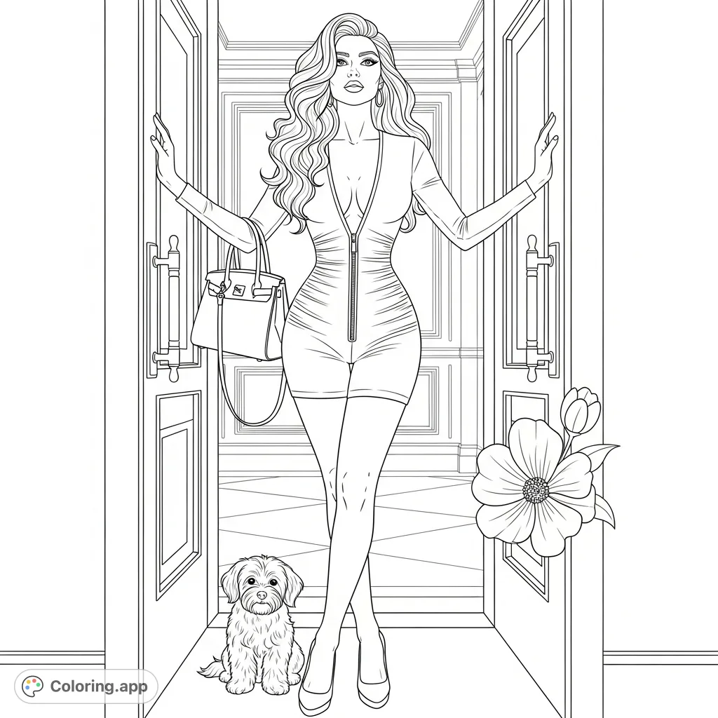 A sophisticated woman in a form-fitting jumpsuit, with a luxury bag and maltipoo, poses elegantly in a doorway amidst a lavish interior.