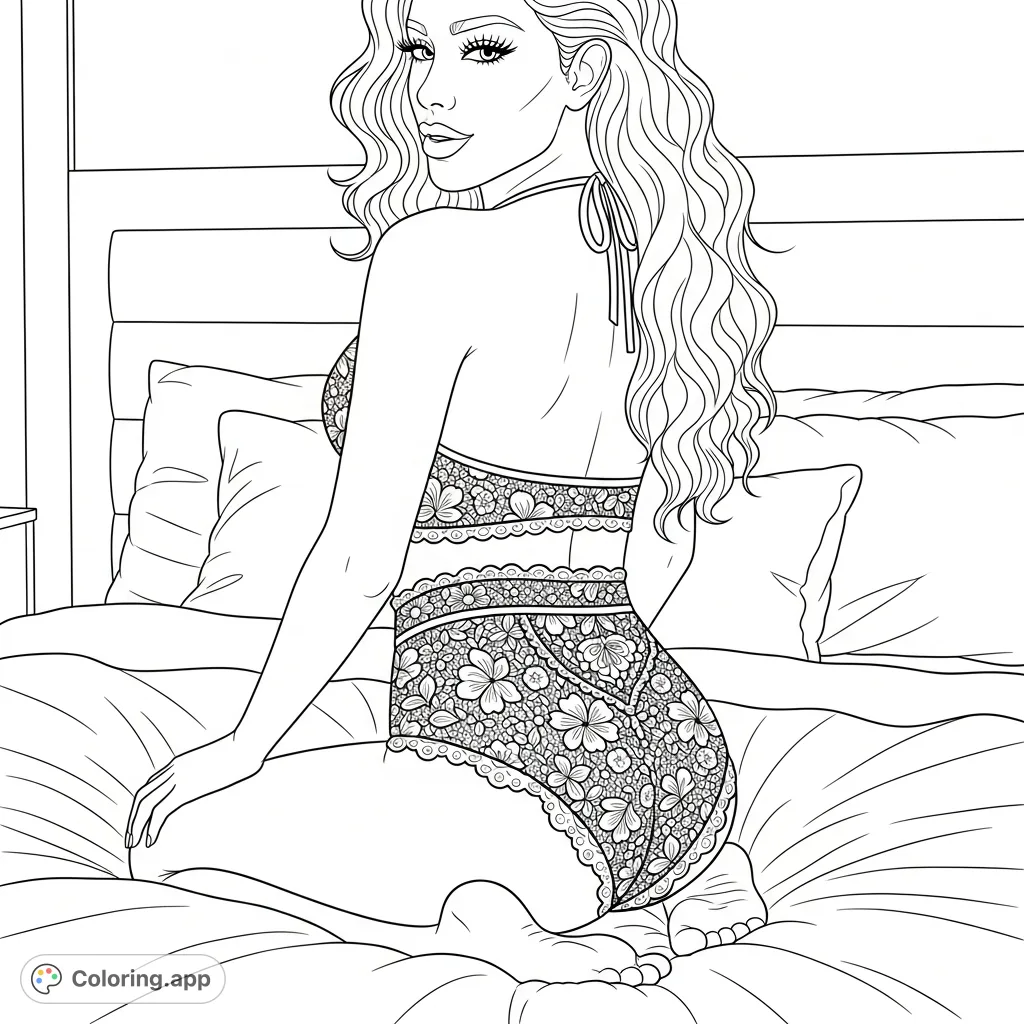 An alluring figure in an intricate lace garment, kneeling on a luxurious bed. Perfect for adult colorists seeking detailed, elegant designs.
