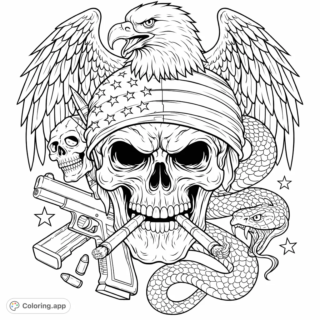 Color a powerful patriotic emblem featuring an eagle, skull, and serpent. Intricate details and bold imagery for a challenging and rewarding creative experience.